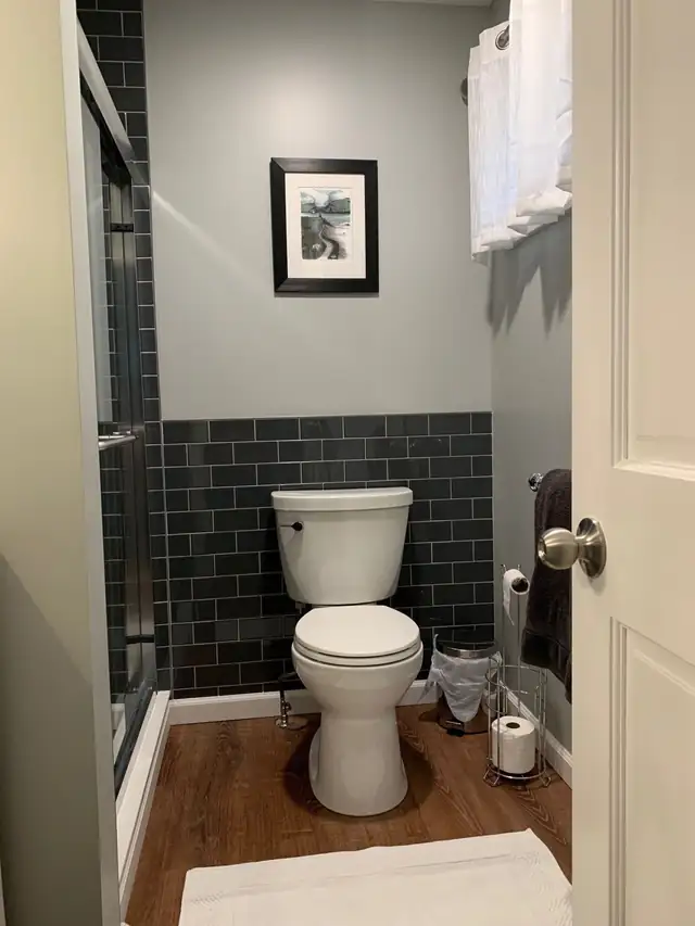 Bathroom with dark subway tile wainscot, white toilet and framed art
